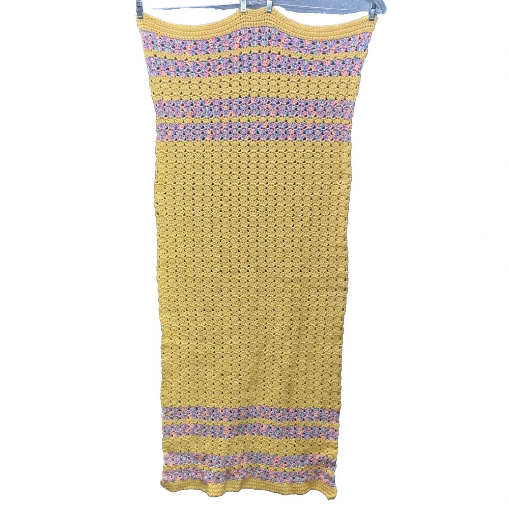 Vtg Handcrafted Crochet Throw Blanket Yellow Multi Stripe 66x30 Baby Lap Granny